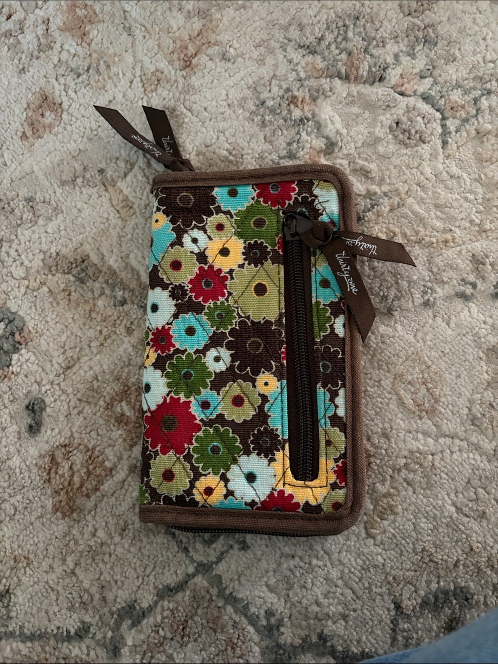 thirty-one Brown Floral Quilted Wristlet with Multicolor Flowers
